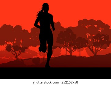 Runner in forest landscape vector background concept