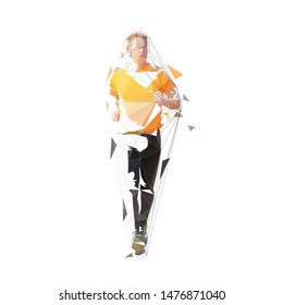 Runner, front view isolated polygonal vector illustration, abstract geometric drawing of marathon runner in orange shirt