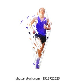 Runner, front view isolated polygonal vector illustration, abstract geometric drawing of marathon runner in purple shirt