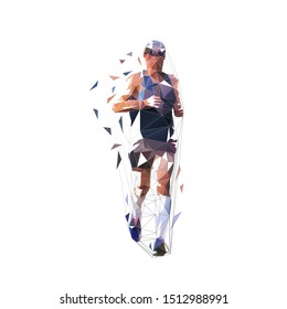 Runner, front view isolated polygonal vector illustration, abstract geometric drawing of marathon runner in blue shirt