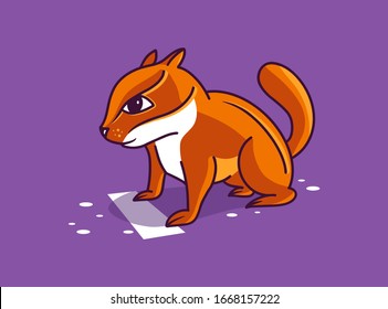 Runner, funny character, start pose logotype. Chipmunk sticker on purple background isolated. Sport logo and emblem. Vector illustration