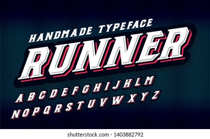 Runner. Futuristic Font. Cyber Punk Style. Red Color. Serif Handmade Font. 3D Typeface With Shadow Effect.