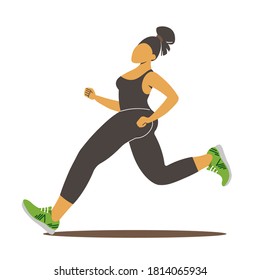 runner, girl is engaged in sports running, in black leggings and a tank top and green sneakers, minimal art, flat, isolated object, vector illustration