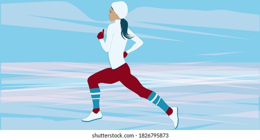 Runner, girl on the morning jog - abstract background - illustration, vector. Winter sports.