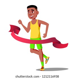 Runner Guy In Competitions Crosses The Finish Line With Ribbon Vector. Isolated Illustration
