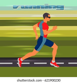 Runner at high speed moving along the road. Healthy life style. Athlete on the competition or marathon. Useful to design sports banners, icons, backgrounds and posters.