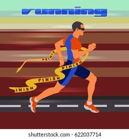 Runner at high speed moving along the road in the finish. Healthy life style. Athlete on the competition or marathon. Useful to design sports banners, icons, backgrounds and posters.
