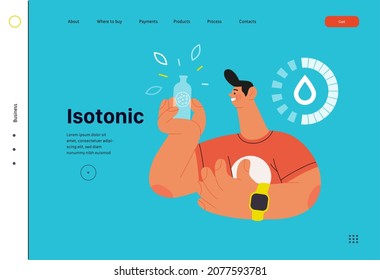 Runner, hydration, website template. Flat vector concept illustration of a young man wearing athletic shirt, with a bottle of isotonic drink. Countdown with a drop. Healthy activity and lifestyle.