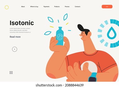 Runner, hydration, website template. Flat vector concept illustration of a young man wearing athletic shirt, with a bottle of isotonic drink. Countdown with a drop. Healthy activity and lifestyle.