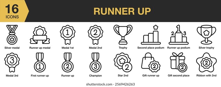 Runner Up icon set. Includes Champion, Runner, Up, Winner, Win, Medal, Badge, Quality, Ranking, Ribbon, and More. Outline icons vector collection.