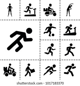 Runner icons. set of 13 editable filled runner icons such as exercising, man on treadmill, running, courier, courier on motorcycle, football player