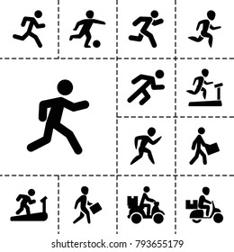 Runner icons. set of 13 editable filled runner icons such as running man, man on treadmill, running, courier, courier on motorcycle