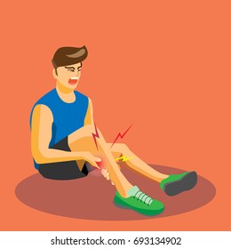 Runner with injured calf crying with painful, cartoon flat-style vector illustration.