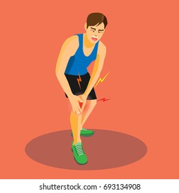 Runner with injured knee crying with painful, cartoon flat-style vector illustration.