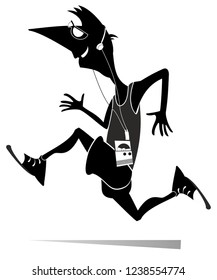 Runner isolated illustration. Comic cartoon man with sunglasses is running and listening music black on white
