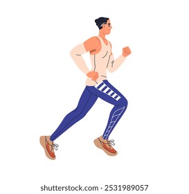 Läufer joggen. Mann Jogger läuft. Sportler in Sportbekleidung, Cardio-Training, Ausdauertraining. Aktive Person trainieren, Profil, Seitenansicht. Flache Vektorgrafik einzeln auf weißem Hintergrund