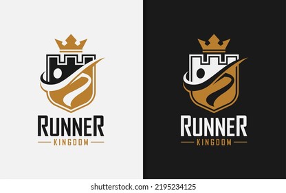 Runner Kingdom Logo Design. Abstract Shield Emblem with Crown Combined with Runner Silhouette Concept.