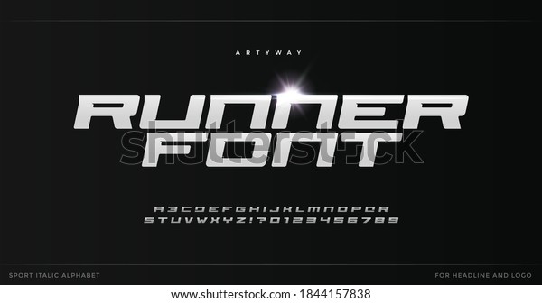 Runner letters\
with blade steel texture. Sport style alphabet for modern speed\
logo, dynamic poster headline, action typographic. Vector\
typography design on black\
background.