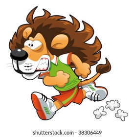 Runner Lion. Funny cartoon and vector sport character.