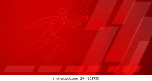 Runner or long jumper themed background in red tones with abstract lines, stars and dots, with sport symbols such as a male athlete and a running track