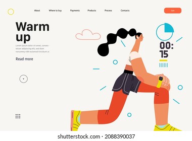 Runner, lunge stretch, website template. Flat vector concept illustration of a young woman wearing athlete shirt and shorts, warming up, lunging before run outside. Smart watch data countdown