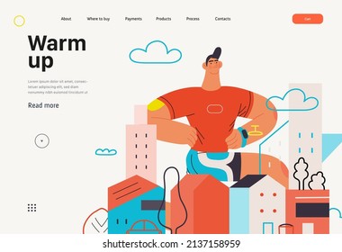 Runner, lunge stretch, website template. Flat vector concept illustration of a young man wearing t-shirt and shorts, warming up, lunging before run outside. Healthy activity lifestyle. Houses, city.