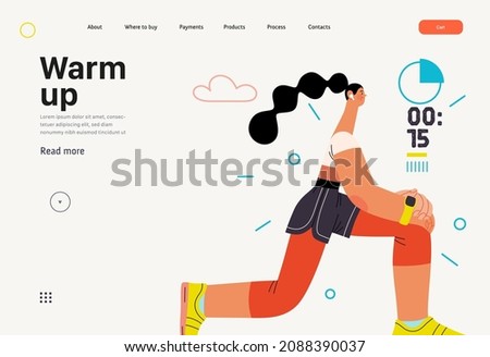 Runner, lunge stretch, website template. Flat vector concept illustration of a young woman wearing athlete shirt and shorts, warming up, lunging before run outside. Smart watch data countdown