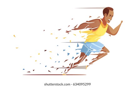 Runner man action retro cartoon composition with male human character of trackman athlete falling into pieces vector illustration
