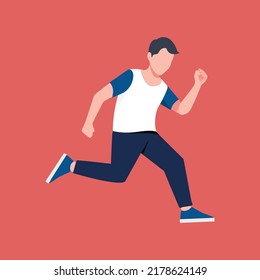Runner man Flat Style Vector illustration. Young Athlete Runner Running Jogger Boy Jogging isolated on background. Happy young man is running, jumping male pose