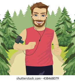 Runner man jogging in park with smartphone armband listening to music playlist on mobile phone app