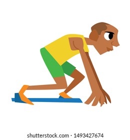 Runner man in a starting position standing ready to run competition on race track start line. Side view, isolated, on white background. Vector illustration. Flat design.