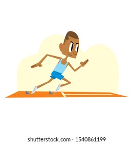 Runner man in a starting position standing ready to run competition on race track start line. Start running. Vector illustration. Flat design.