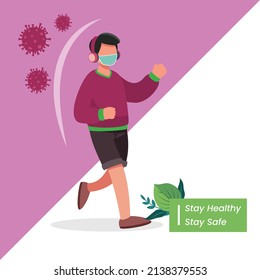 Runner man wearing mask while running outdoor in covid-19 pandemic outbreak. Wear a face mask when you're running in an area where social distancing is hard to maintain.