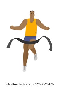 Runner man win a race marathon crossing finish line. Running sport vector illustration