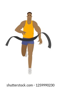 Runner man win a race marathon crossing finish line. Running sport vector illustration