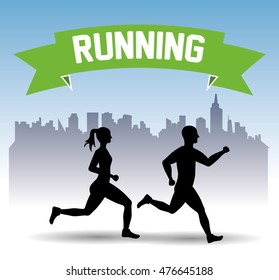 runner man woman city athlete running training fitness healthy lifestyle sport marathon icon. Colorful and flat design. Vector illustration