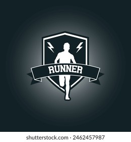 Runner marathon logo vector graphic illustration on background, sport shield