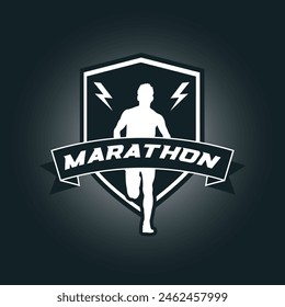 Runner marathon logo vector graphic illustration on background, sport shield