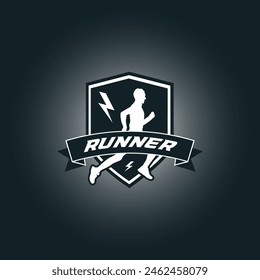 Runner marathon logo vector graphic illustration on background, sport shield