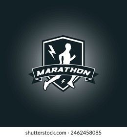 Runner marathon logo vector graphic illustration on background, sport shield