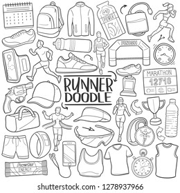 Runner Marathon Sport Traditionelle Doodle Icons Sketch Hand Design Vektorgrafik 