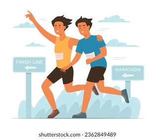 Runner Men Join Marathon Running Together for Sport Concept Illustration