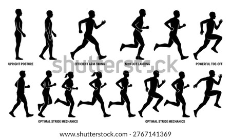 Runner motion analysis silhouette shows multiple stages of running gait cycle for biomechanical study.