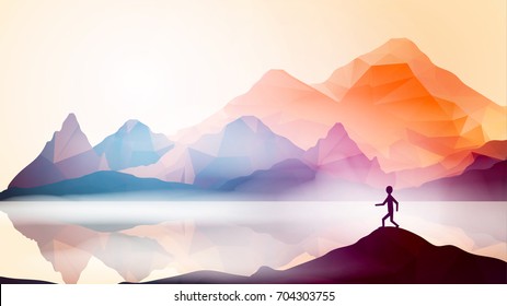 Runner on Geometric Mountain Background - Vector Illustration