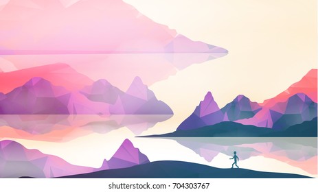 Runner on Geometric Mountain Background - Vector Illustration