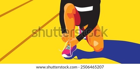 Runner on track tying shoelaces. Vector illustration with high contrast and vibrant colors