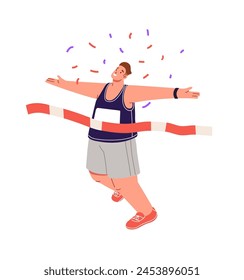 Runner overcomes finish line, crossing ribbon of marathon first. Athlete achieves sport goal, win. Winner celebrate success in race with confetti. Flat isolated vector illustration on white background