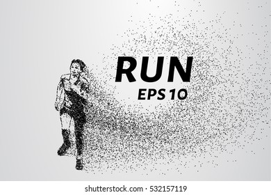 Runner of the particles. The man runs and the wind out of him pulling out pieces in the shape of a circle. Vector illustration.