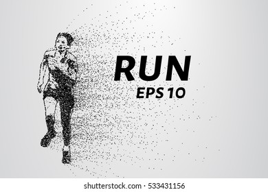 Runner of the particles. The man runs and the wind out of him pulling out pieces in the shape of a circle. Vector illustration.