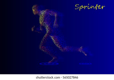 Runner of the particles. The man runs and the wind out of him pulling out pieces in the shape of a circle on blue background. Vector illustration.